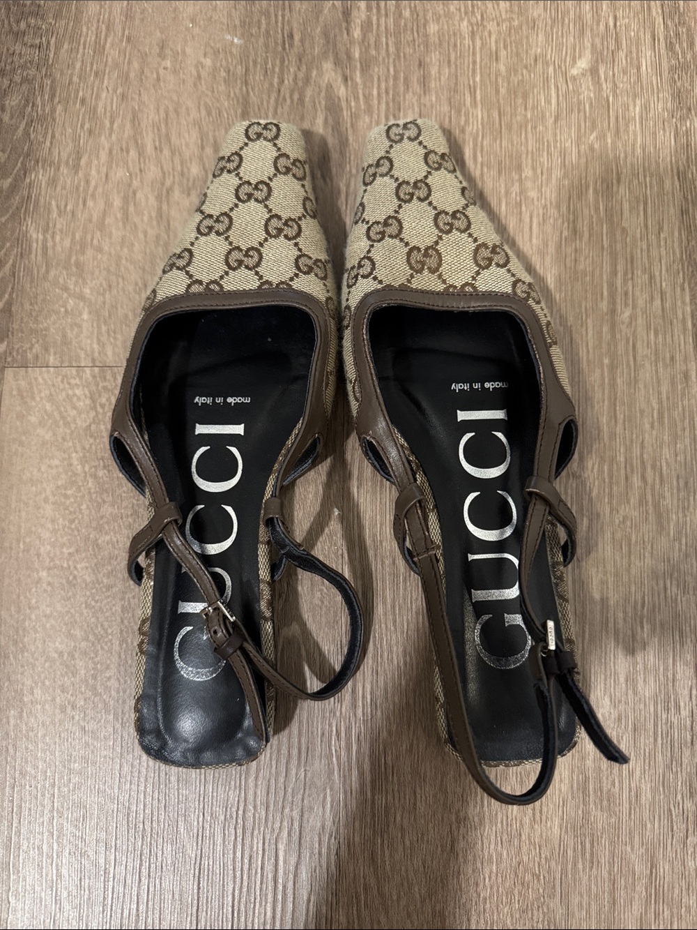 Gucci Beige Monogram Slingback Mules